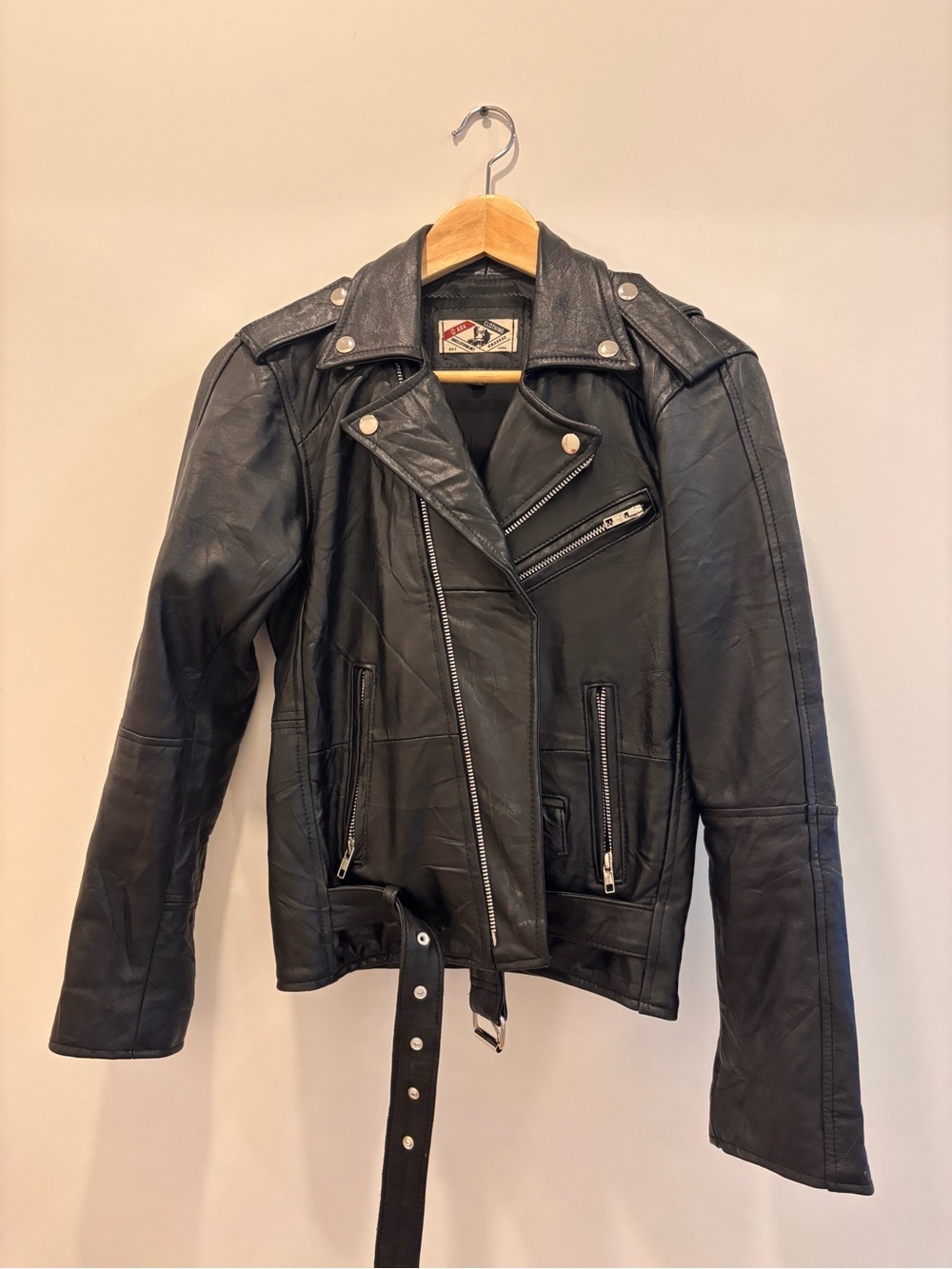 Classic Black Leather Moto Jacket with Belt